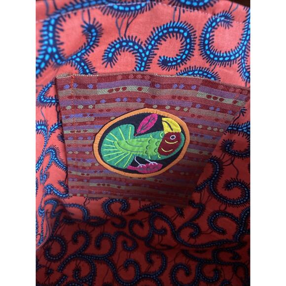 Custom Made Panama Tote Bag Parrot Mola Wine and Salmon Color 20" w x 14"x7" - Picture 5 of 5